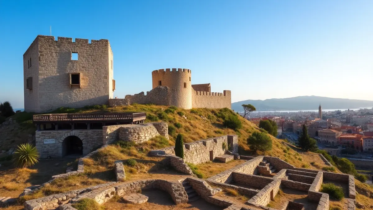 Image of Polop Castle, with its restored walls and tower, under the afternoon sun.