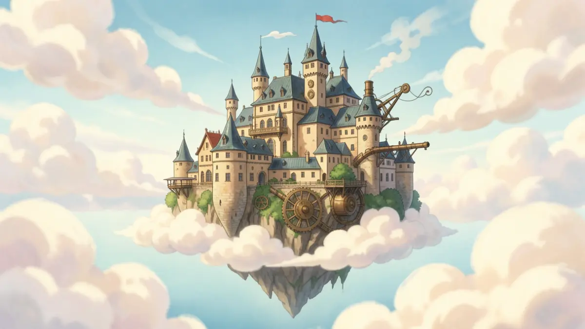 Imagen genérica de un castillo flotante inspirado en la animación japonesa.