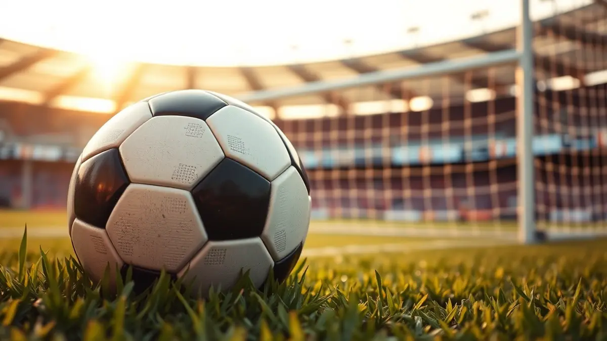 Generic image of a soccer ball on a grass field, with a blurred goal net in the background.