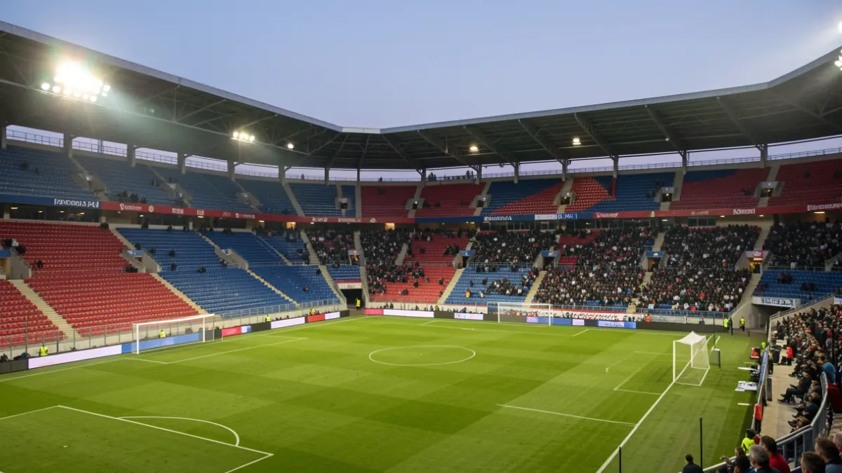 Imagen genérica de un estadio de fútbol mediterráneo al atardecer.