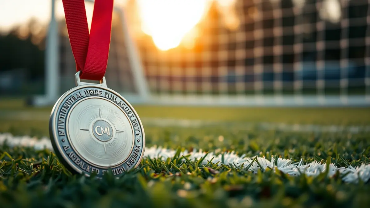 Generic image of a silver medal on a football pitch, with a blurred goal net in the background.