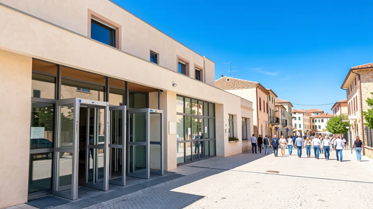Imatge genèrica de l'exterior d'un centre de salut amb mesures de seguretat.