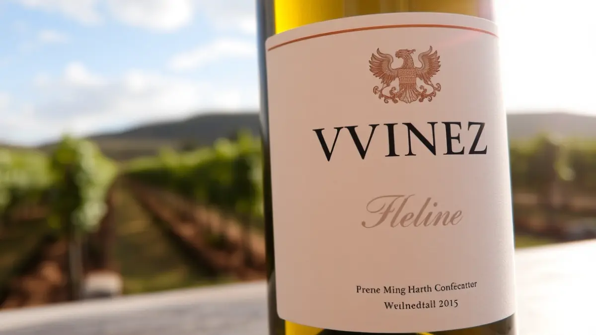 Generic image of a wine bottle with a blurred vineyard in the background, under a sunny sky.