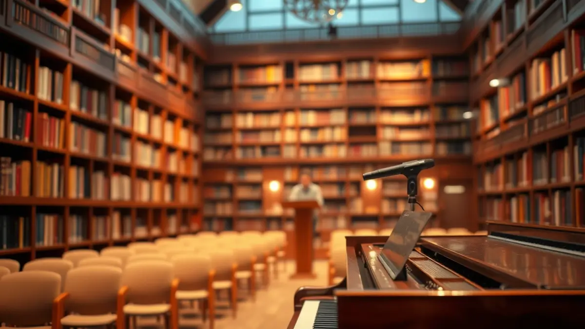 Imatge d'un piano en un auditori, amb cadires buides i llums càlides, simbolitzant la formació artística.