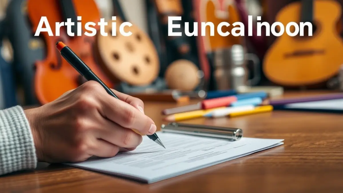 Generic image of a hand filling out a form, with blurred artistic elements in the background, symbolizing enrollment in cultural activities.