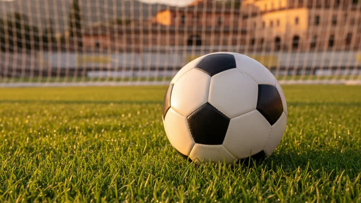 Imagen genérica de un balón de fútbol en el césped de un campo, con la portería desenfocada al fondo.