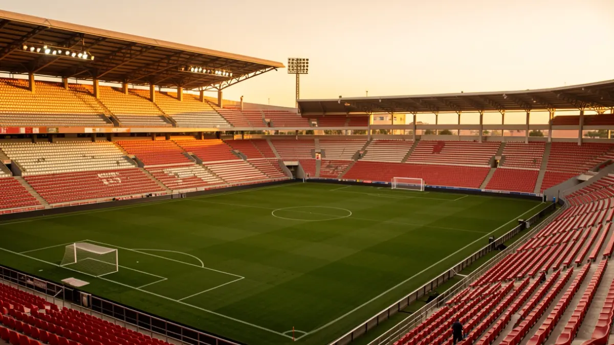 Generic image of a football stadium at sunset, with perfect grass and visible goalposts.