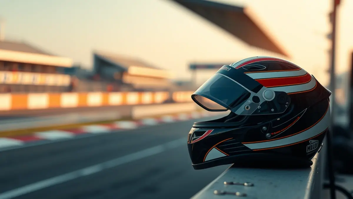 Generic image of a racing helmet at a motorsport circuit, with blurred track in the background.