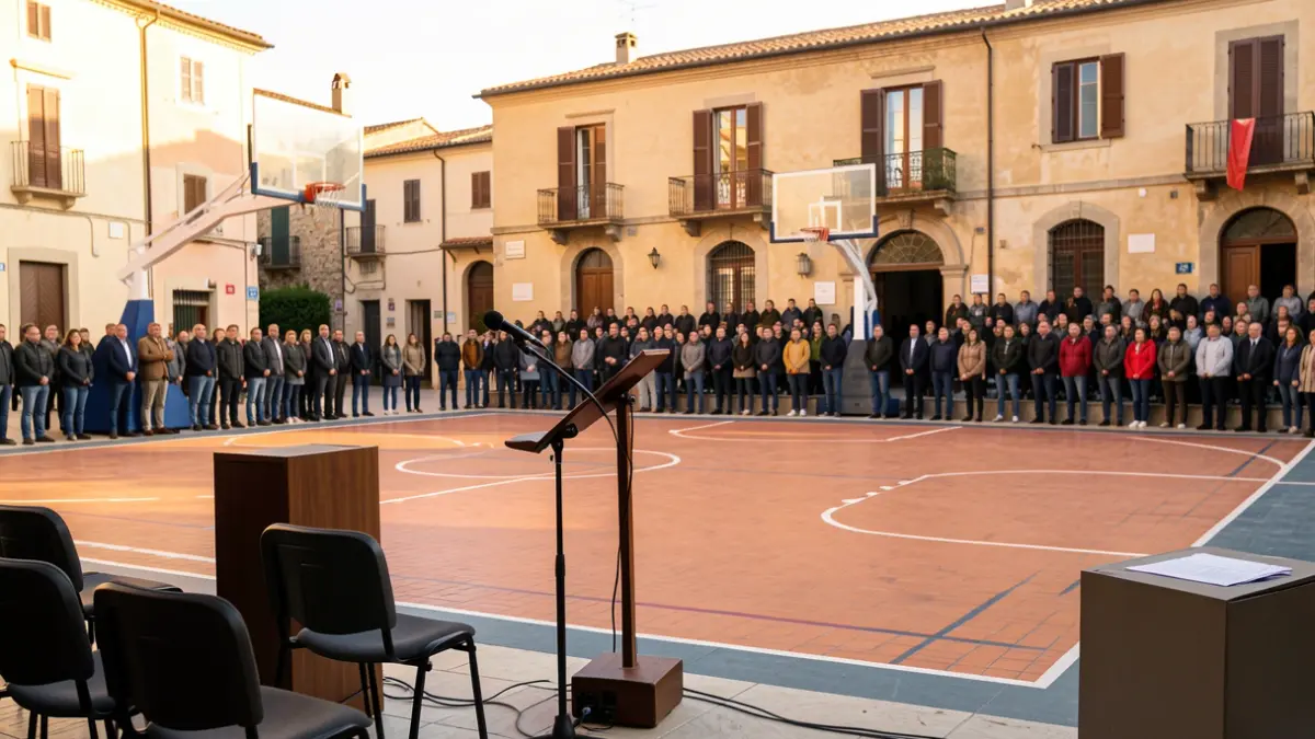 Generic image of a basketball court with a microphone and empty chairs.