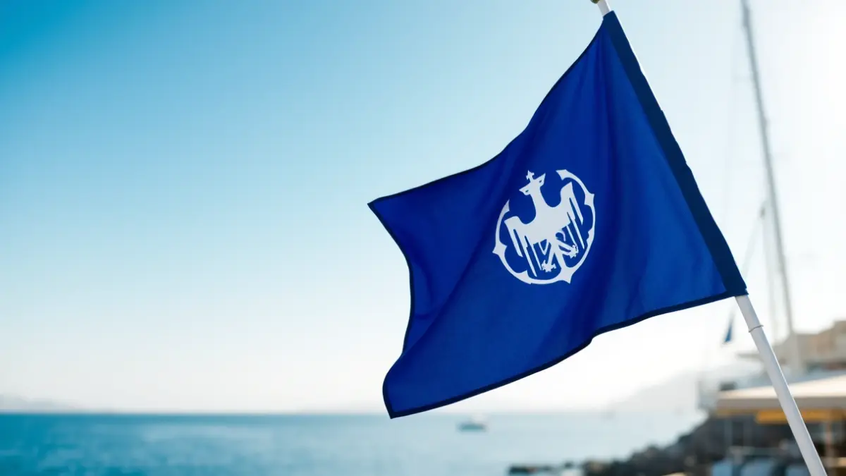 Image of a blue flag waving at a nautical club, with facilities and water in the background.