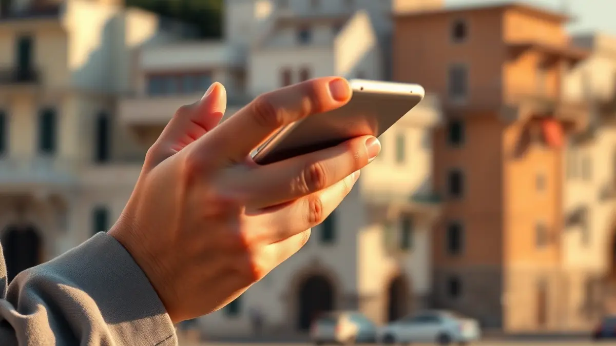 Generic image of young hands interacting with a smartphone in an urban setting.