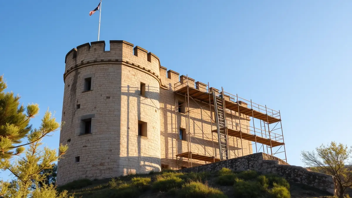 Imatge d'una torre de castell en restauració, amb bastides, sota la llum del sol de la vesprada.