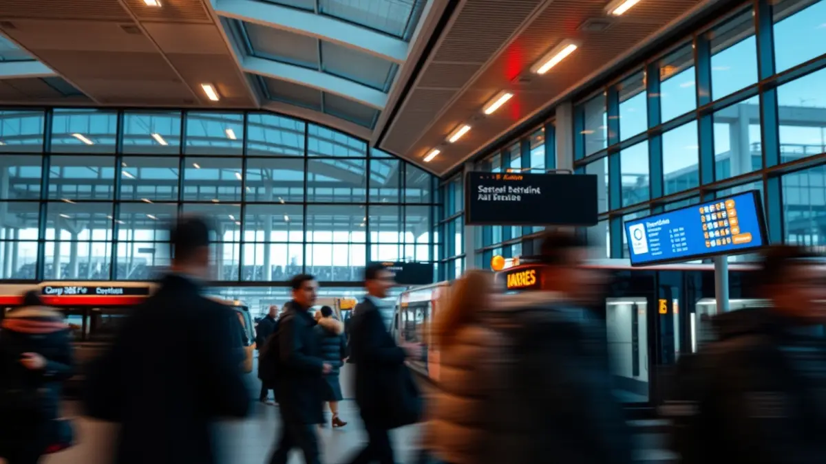 Generic image of a modern bus station with information screens and blurred people.