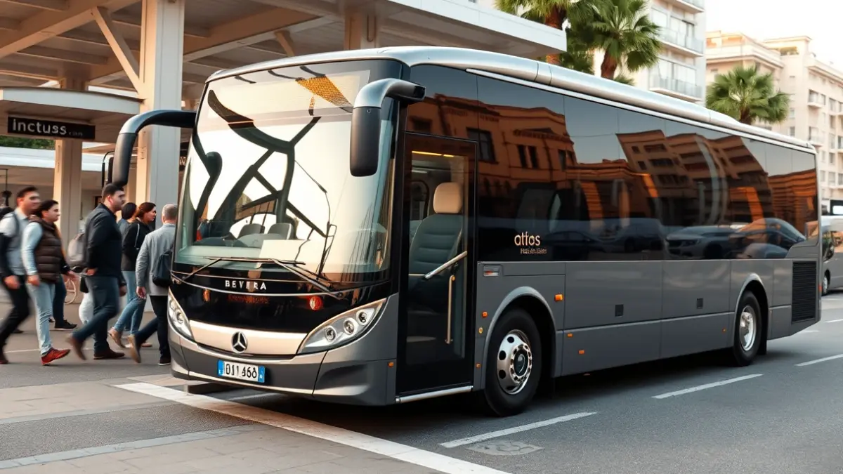Generic image of a modern intercity bus at a station, with passengers boarding and warm afternoon light.