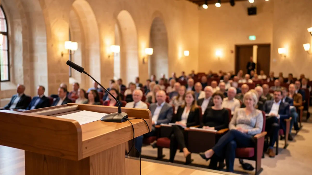 Imatge d'una sala de conferències amb un faristol i micròfons durant un acte institucional.