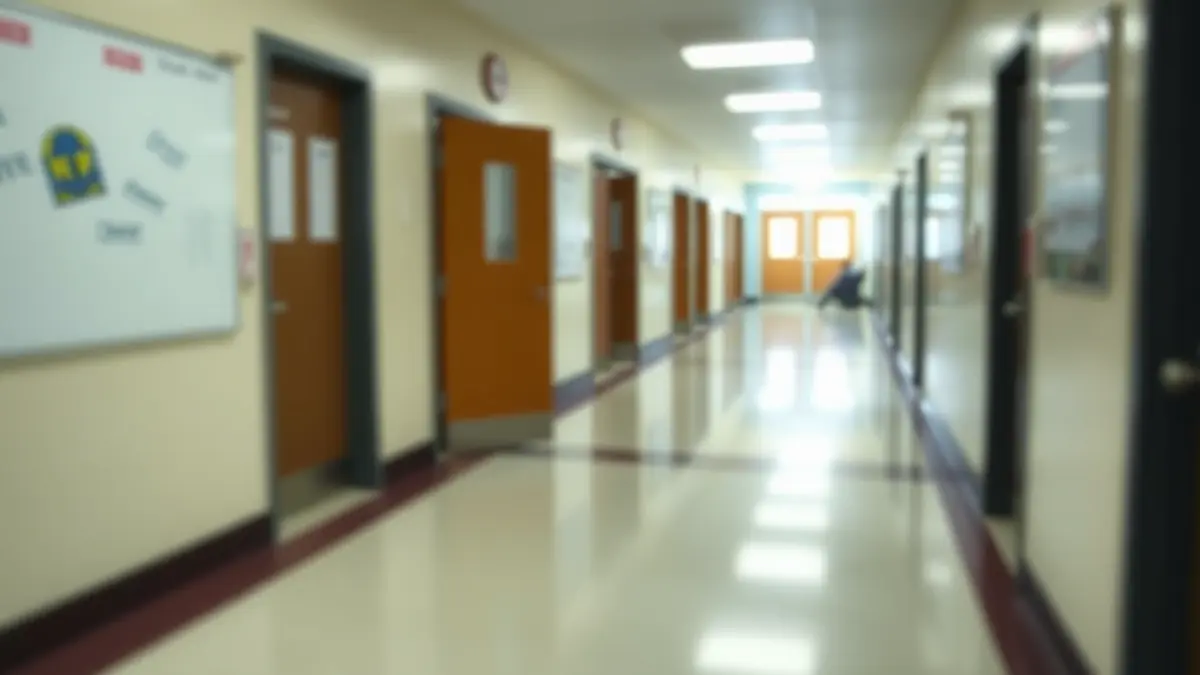 Imagen genérica de un pasillo escolar con puertas cerradas, sugiriendo separación o caminos diferentes.