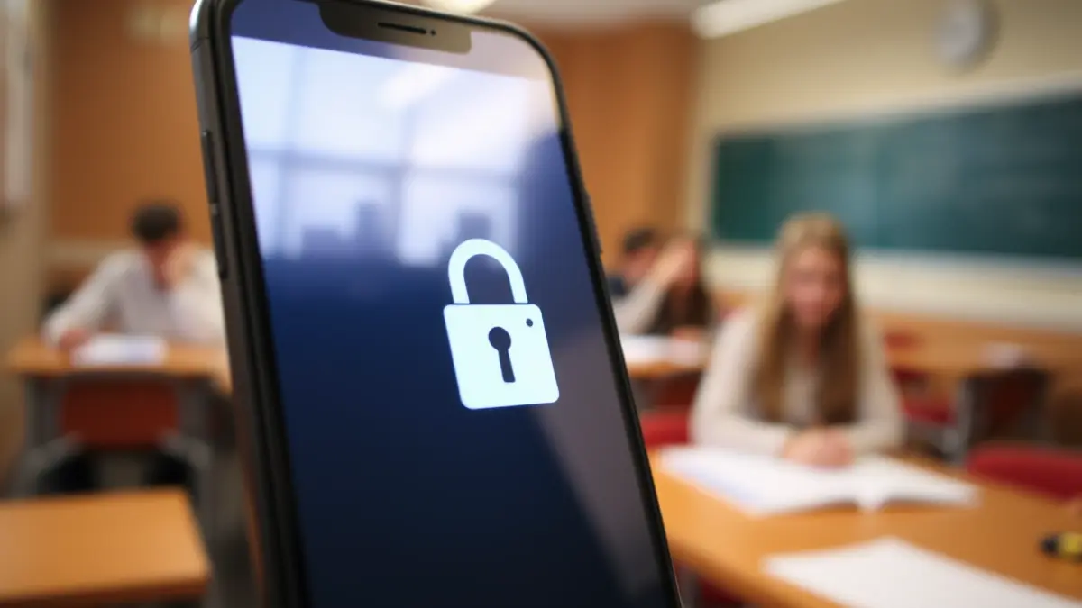 Imatge genèrica d'un telèfon mòbil amb un cadenat en una aula, simbolitzant la restricció d'ús.