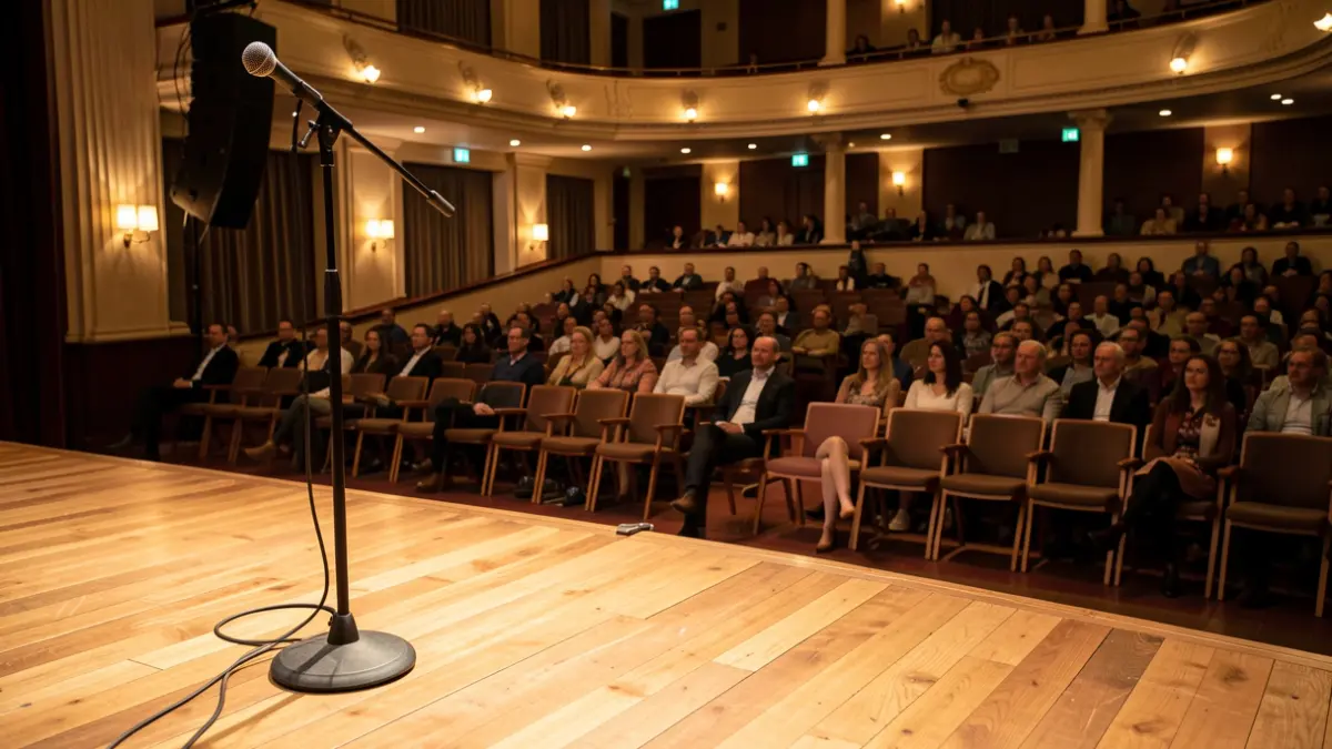 Generic image of a concert hall with warm lighting and a stage.