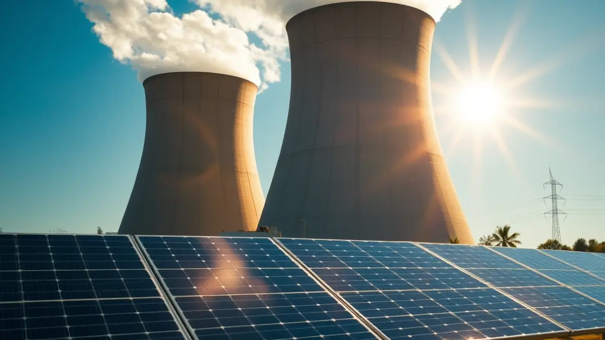 Imatge que contrasta una torre de refrigeració d'una central nuclear amb panells solars, simbolitzant el debat energètic.