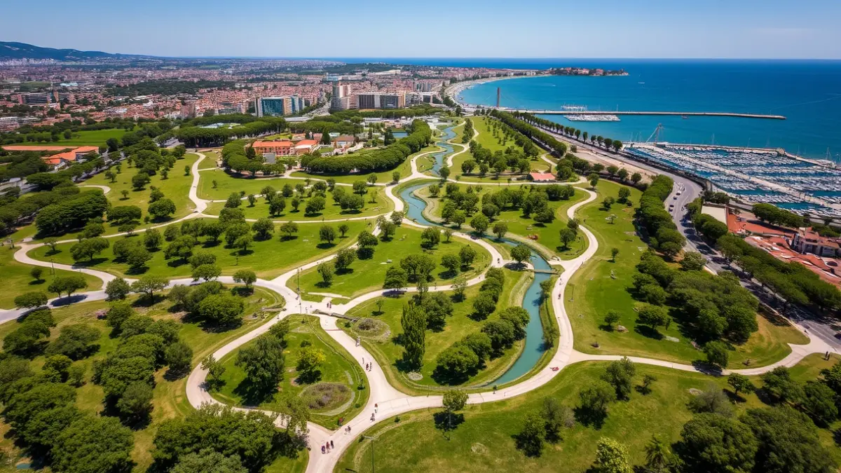 Imagen aérea de un gran espacio verde urbano conectando con la costa y una marina, con elementos de gestión del agua.