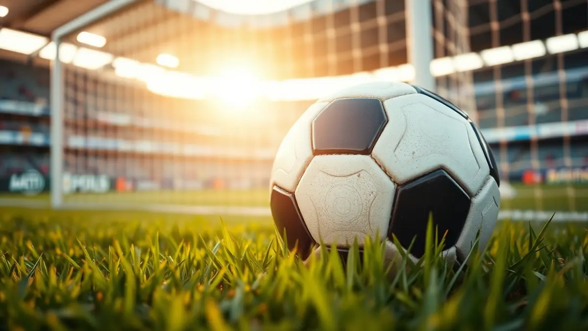 Imagen genérica de un balón de fútbol sobre el césped de un estadio, con la portería desenfocada al fondo.