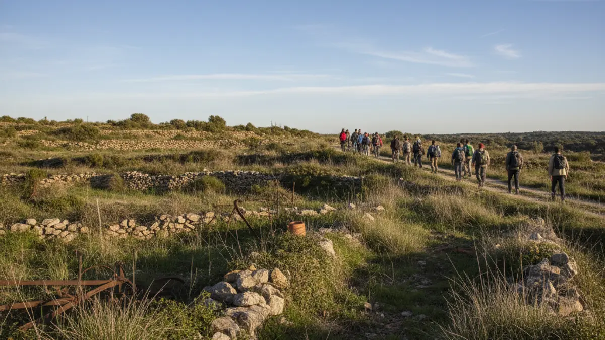 Image of a Valencian rural landscape with abandoned terraces and overgrown fields, showing the impact of depopulation on nature.