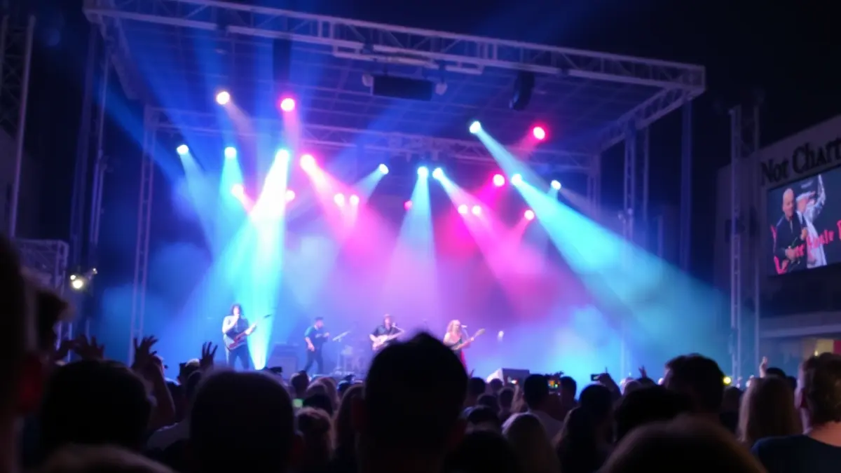 Generic image of a live concert in a Mediterranean square, with lights and a blurred crowd.