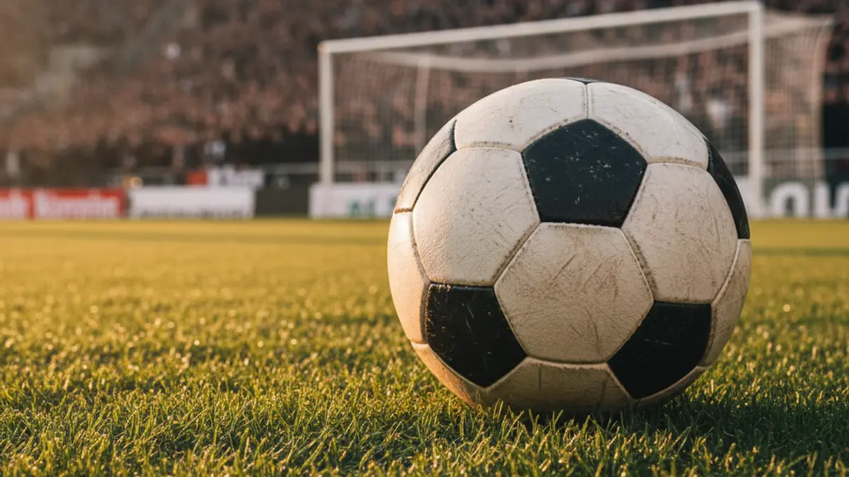 Imatge genèrica d'una pilota de futbol sobre la gespa d'un camp, amb la porteria desenfocada al fons.