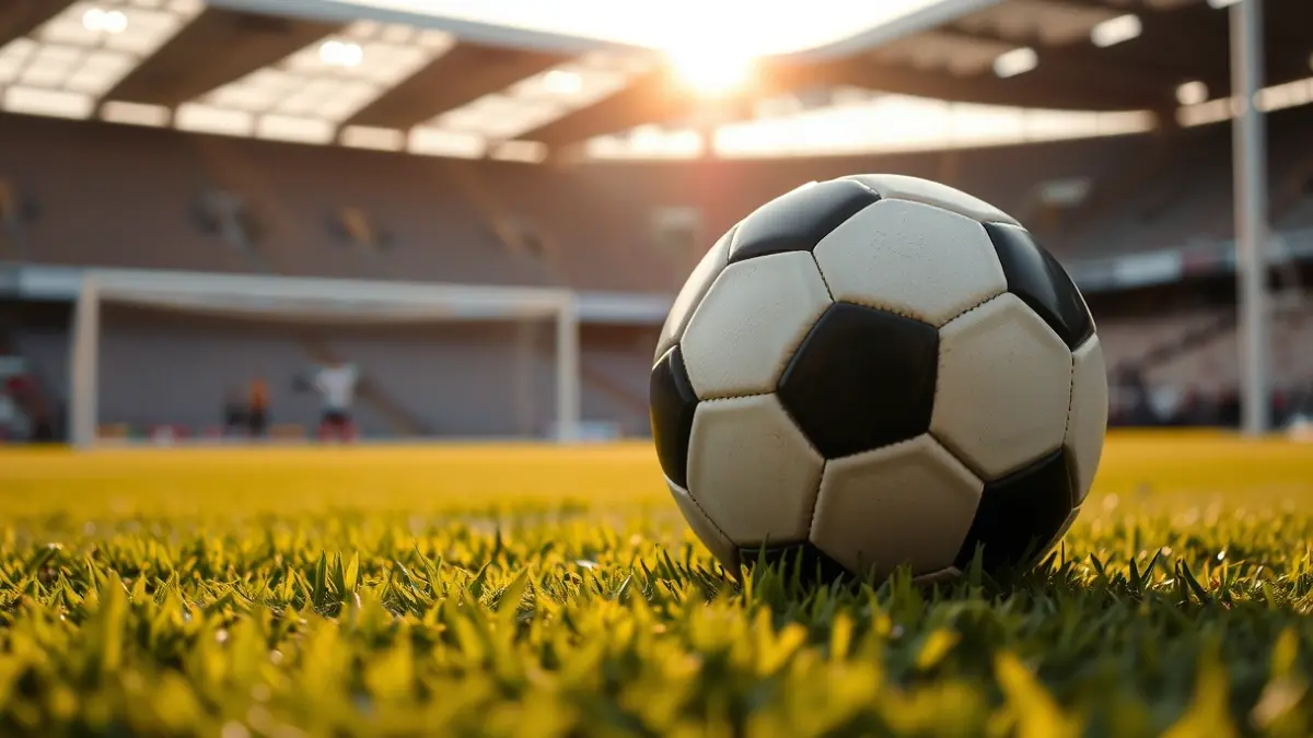 Generic image of a soccer ball on a grass field, with a blurred goal in the background.