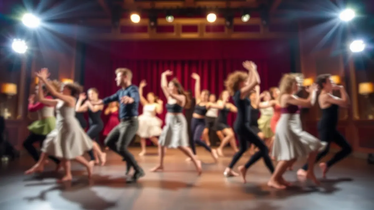 Image of a group of dancers in motion on a theatrical stage, with warm and dramatic lighting.