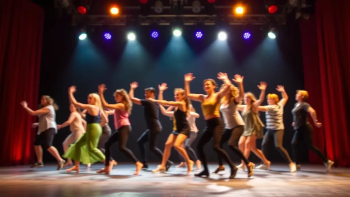 Imagen de una representación de danza contemporánea con bailarines en movimiento sobre un escenario iluminado.