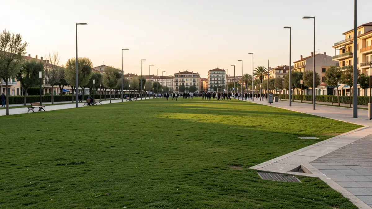 Imatge genèrica d'un parc urbà ampli i modern en una ciutat mediterrània durant la posta de sol.