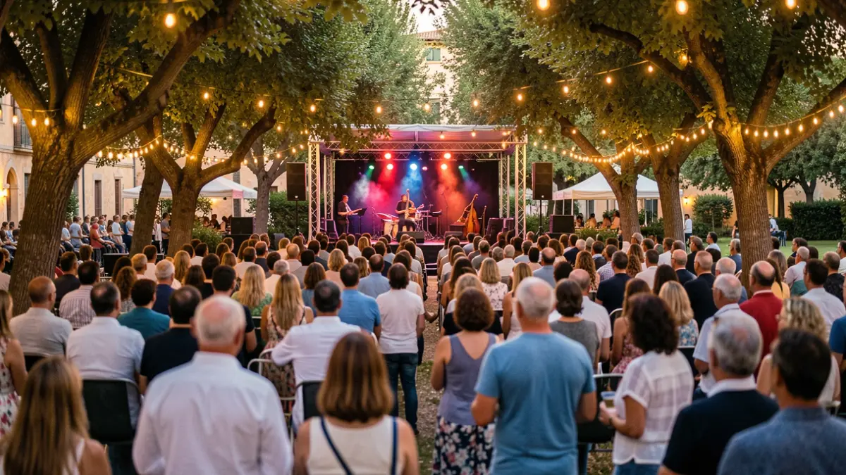 Imagen genérica de un festival de jazz al aire libre en un parque urbano mediterráneo, con un escenario iluminado y público disfrutando de la música.