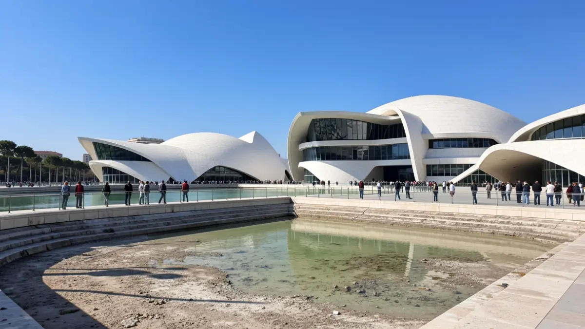 Imagen de la Ciudad de las Artes y las Ciencias de Valencia con el lago vacío.