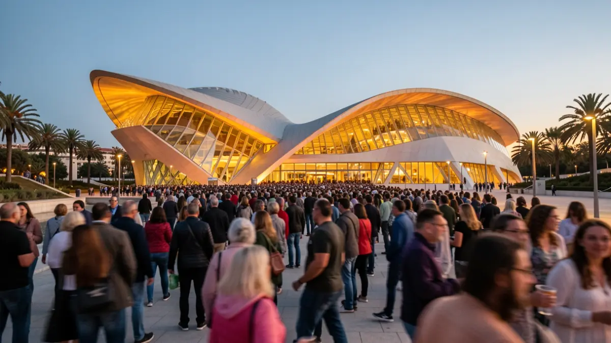 Generic image of the City of Arts and Sciences in Valencia with people and night lights.