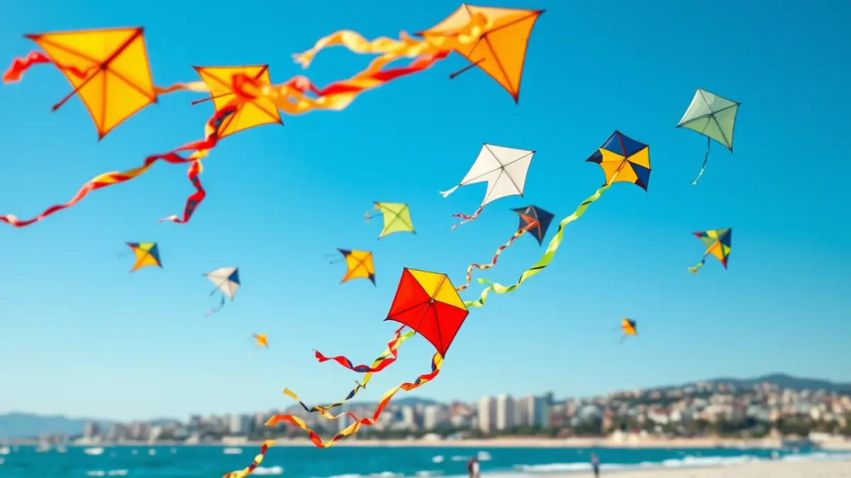 Colorful kites flying in the sky over Cabanyal beach in Valencia.