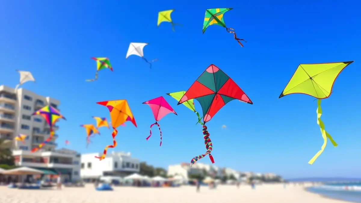 Imagen genérica de cometas de colores volando en un cielo azul sobre una playa, con edificios mediterráneos desenfocados al fondo.