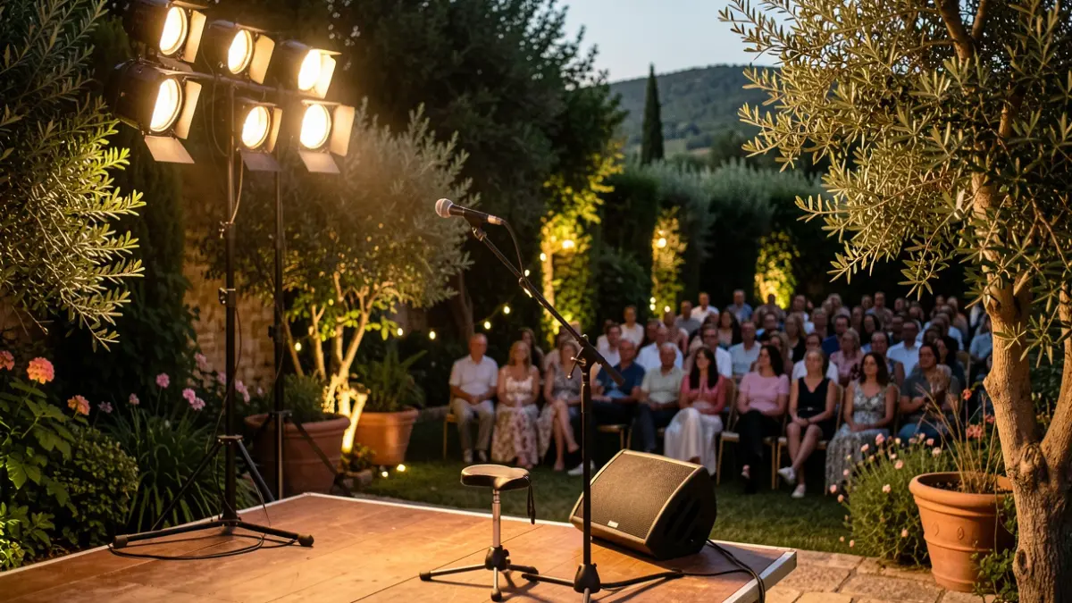 Imatge genèrica d'un escenari a l'aire lliure en un jardí mediterrani durant un festival d'estiu.