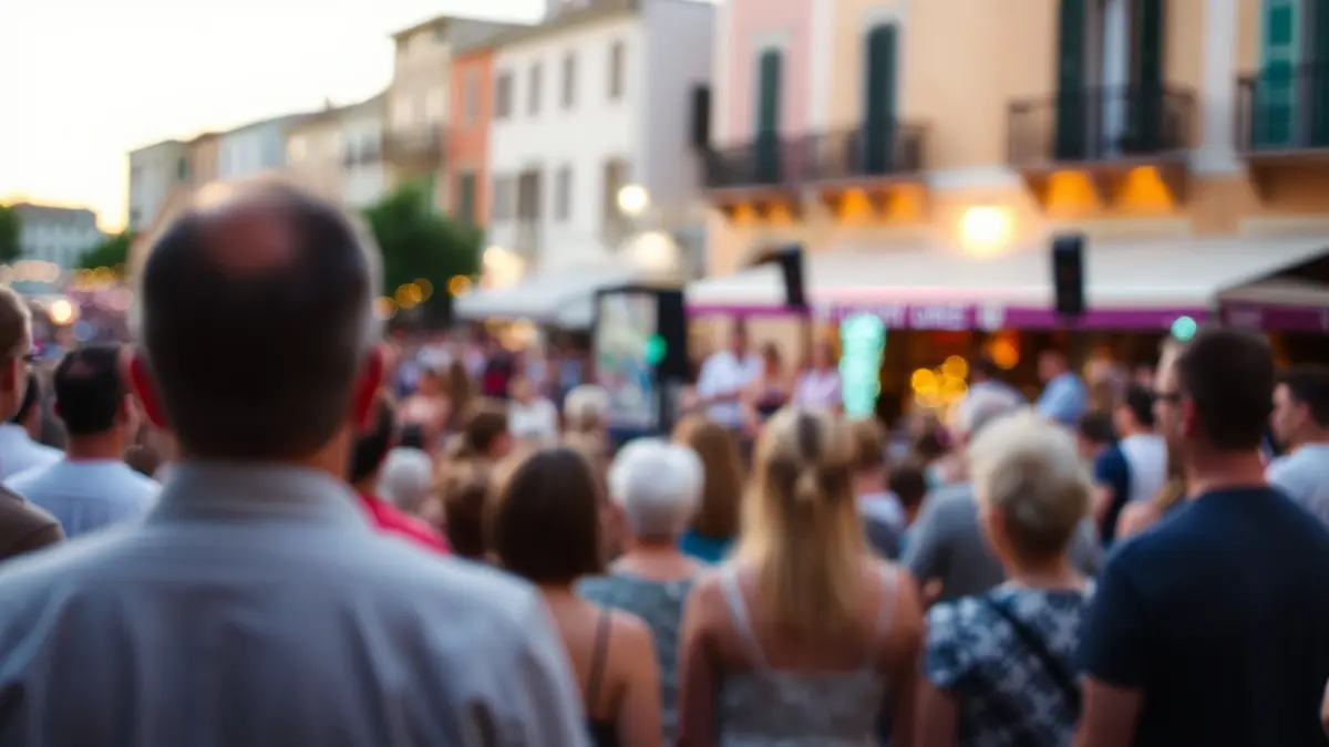 Generic image of a street performance in a Mediterranean square, with colorful lights and a festive atmosphere.