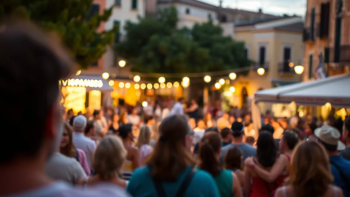 Imatge genèrica d'un festival de teatre de carrer en una plaça mediterrània, amb gent gaudint d'una actuació a l'aire lliure.