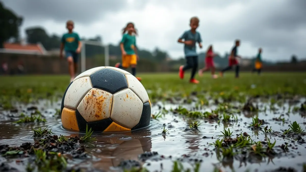 Imagen de un balón de fútbol en un campo con charcos de agua, con niños jugando bajo la lluvia intensa en un ambiente mediterráneo.