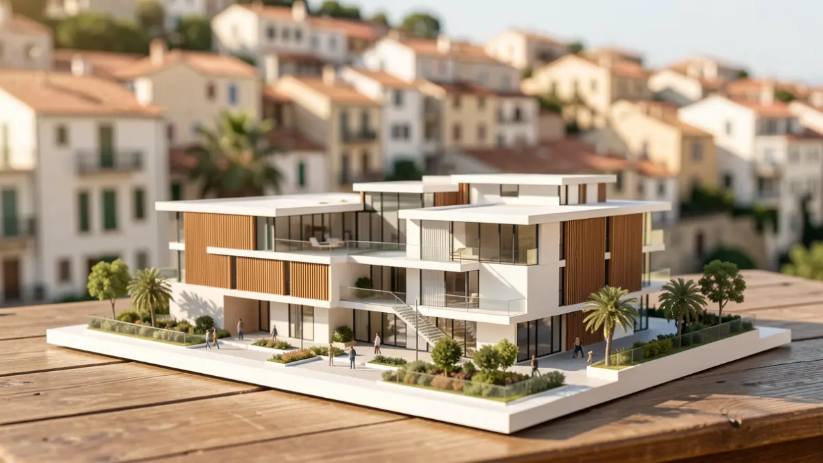 Architectural model of an urban project on a wooden table with a blurred urban background.