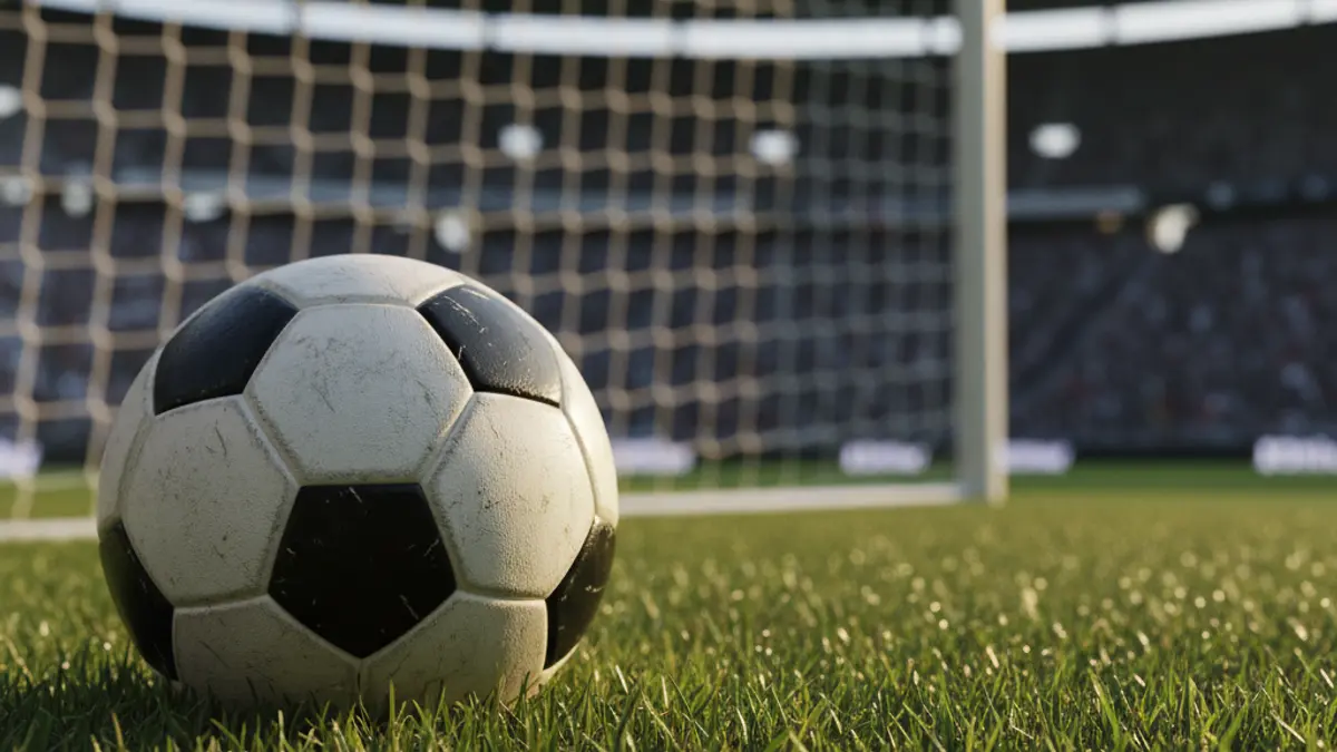 Generic image of a soccer ball on a stadium pitch, with the goal blurred in the background.