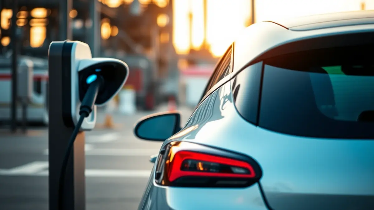 Imagen de un coche eléctrico cargando en una estación, con una fábrica borrosa al fondo.