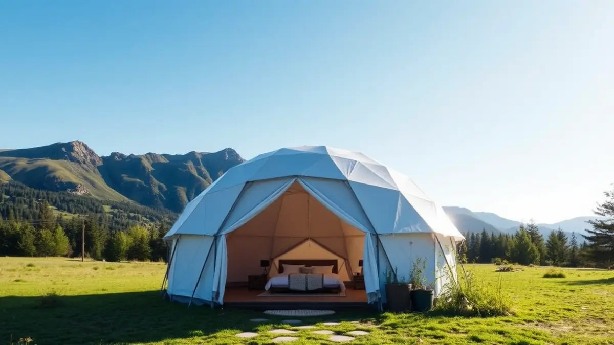 Imagen de un domo geodésico de glamping en un entorno natural, con montañas al fondo.
