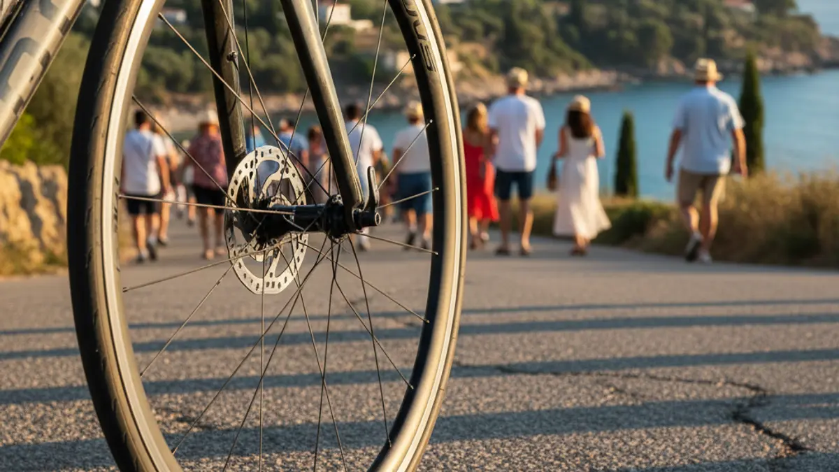 Generic image of a bicycle wheel on a road, with a blurred Mediterranean landscape in the background.