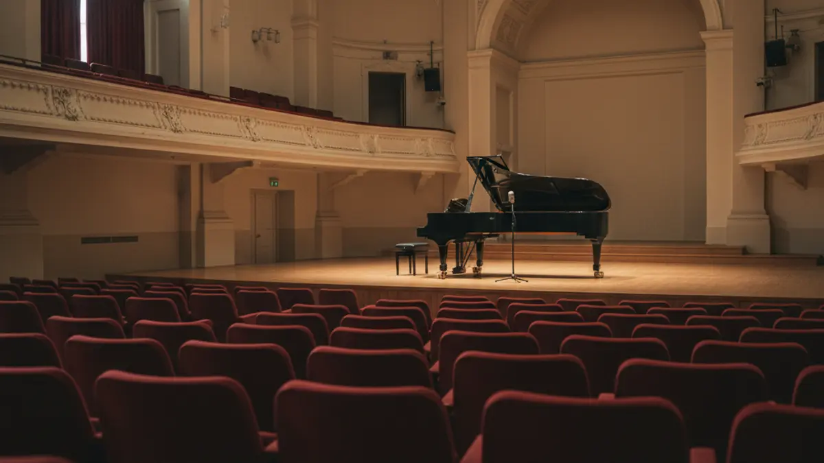 Generic image of a stage with a microphone stand and a grand piano, with empty chairs in the foreground, suggesting a concert hall after a performance.