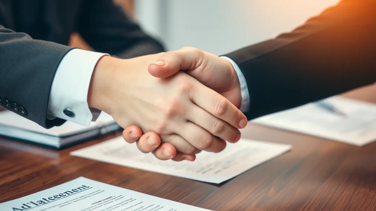 Generic image of a collaboration agreement between two entities, with hands shaking over a desk.