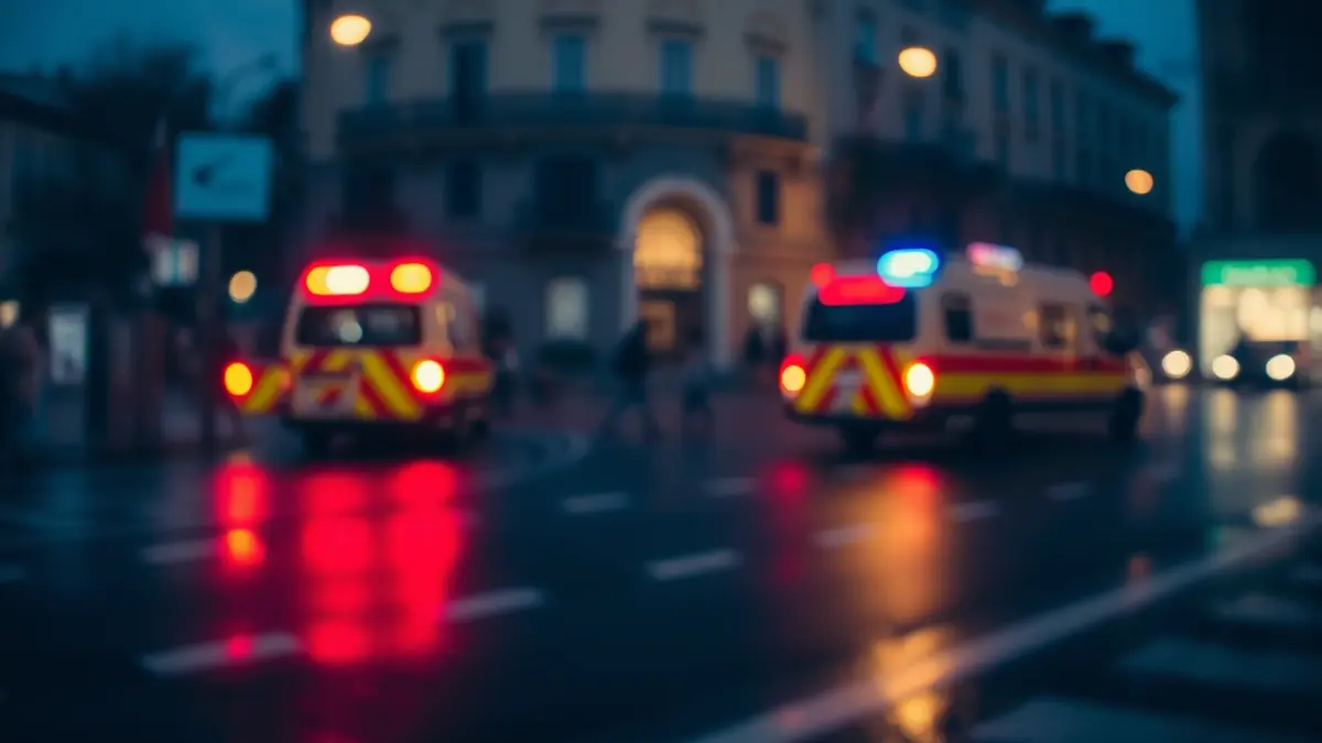 Generic image of emergency lights reflecting on a wet street at night, with a blurred building in the background, in a Mediterranean city.