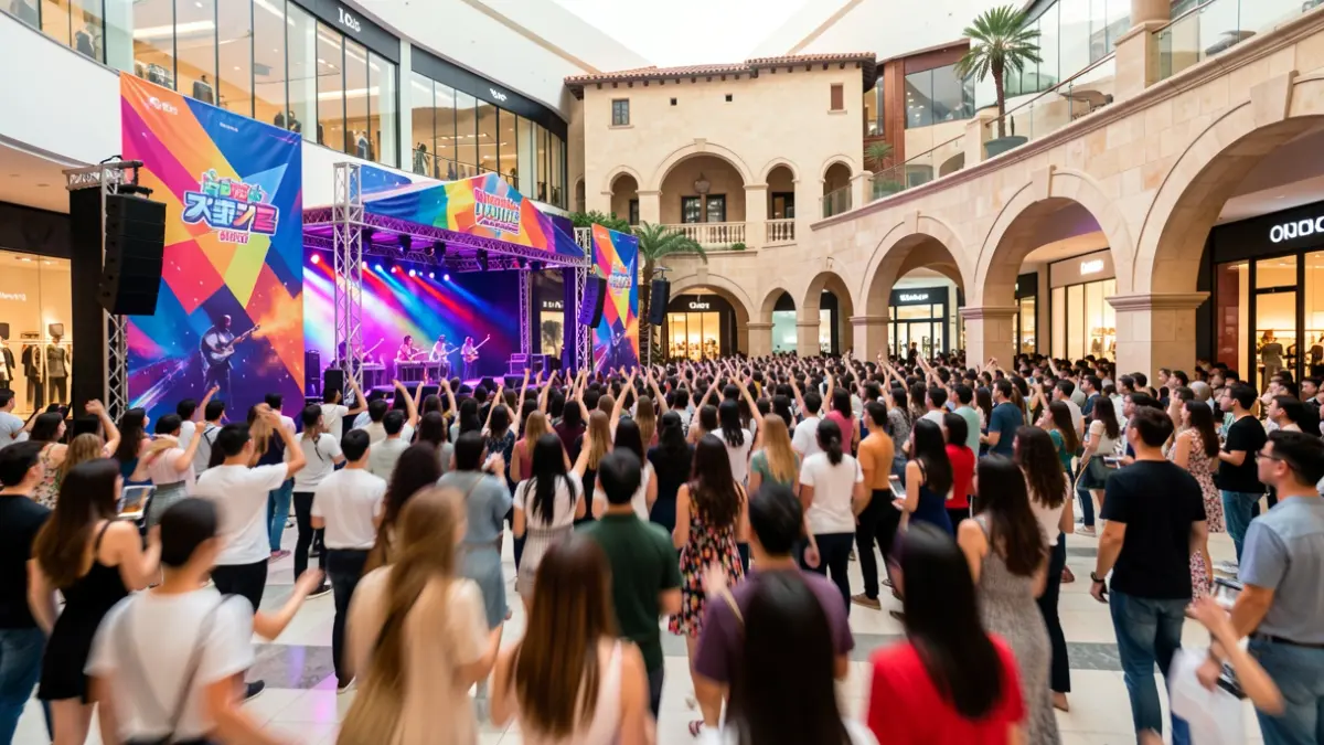 Imatge genèrica d'un festival de K-pop en un centre comercial amb ambient festiu.